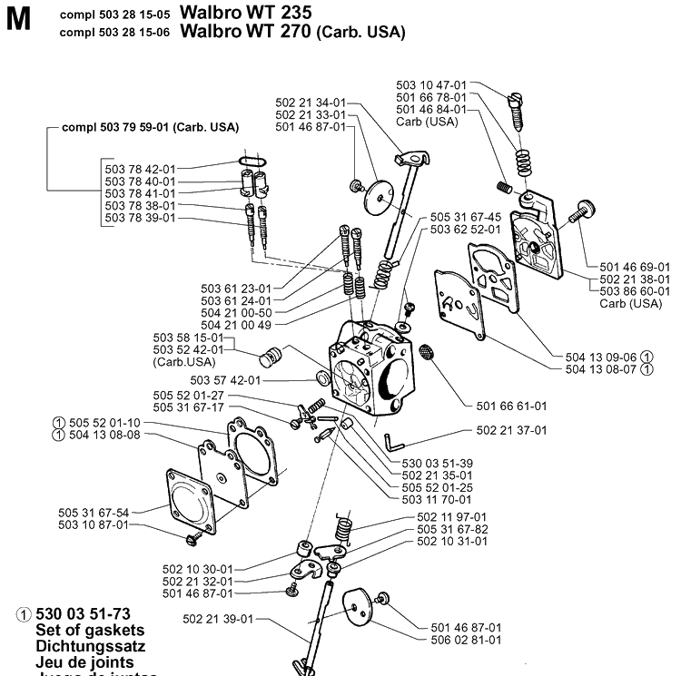 Carburetor Details Diagram and Parts List for 225BV 19963100001-19970500000 Husqvarna Leaf Blower / Vacuum