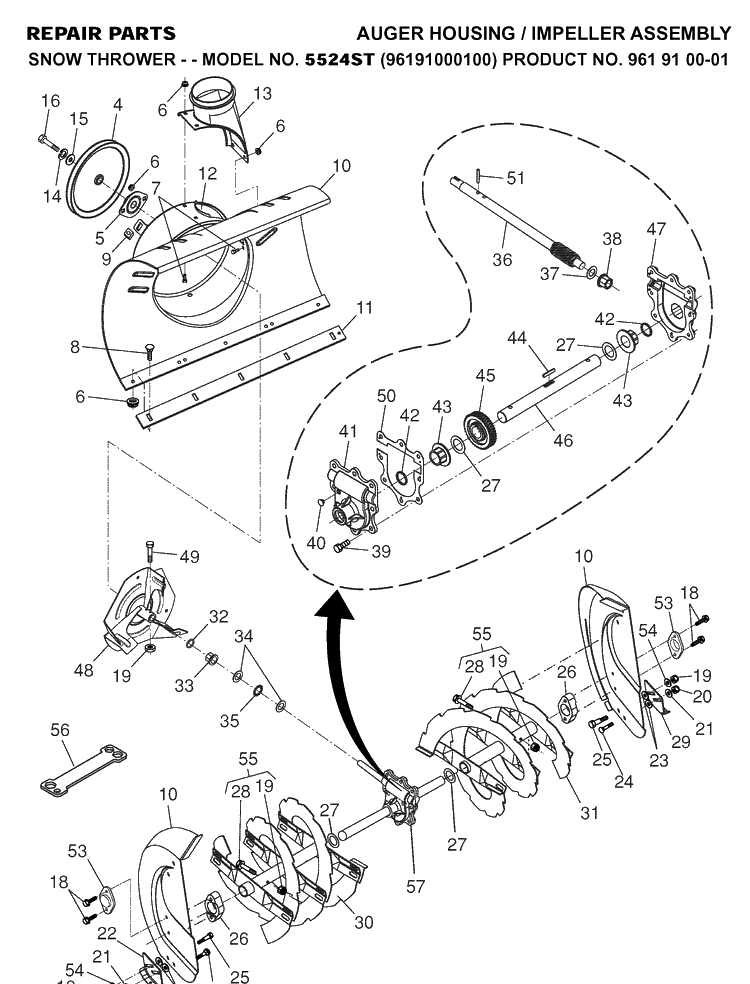 Auger Housing And Impeller Diagram and Parts List for 5524ST (96191000100)(2005-10) Husqvarna Snow Blower