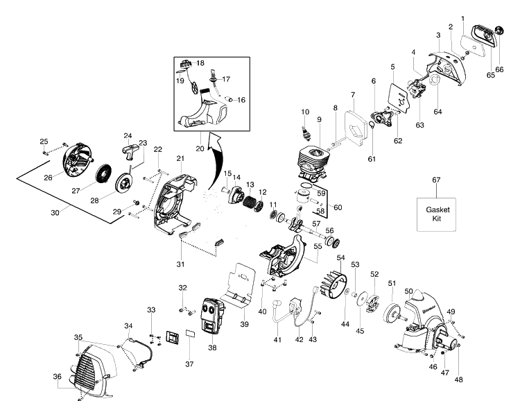 Engine, Fuel Tank And Ignition Diagram and Parts List for 125L 2006-01 Husqvarna Trimmer