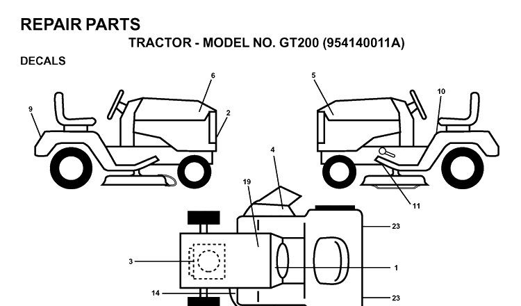 Decals Diagram and Parts List for GT200 (954140011A)(1997-01) Husqvarna Lawn Tractor