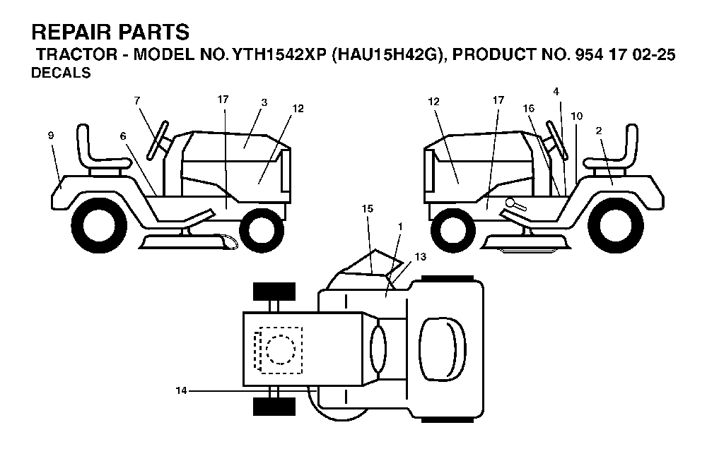 Decals Diagram and Parts List for YTH1542XP (HAU15H42G, 954170225)(2004-09) Husqvarna Lawn Tractor