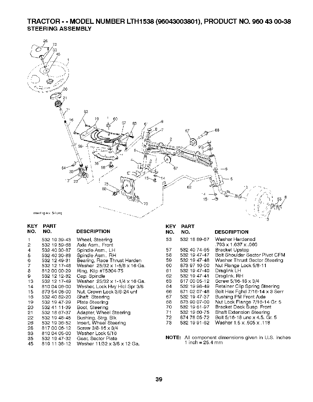 Steering Diagram and Parts List for LTH153896043003801 2007-08 Husqvarna Lawn Tractor