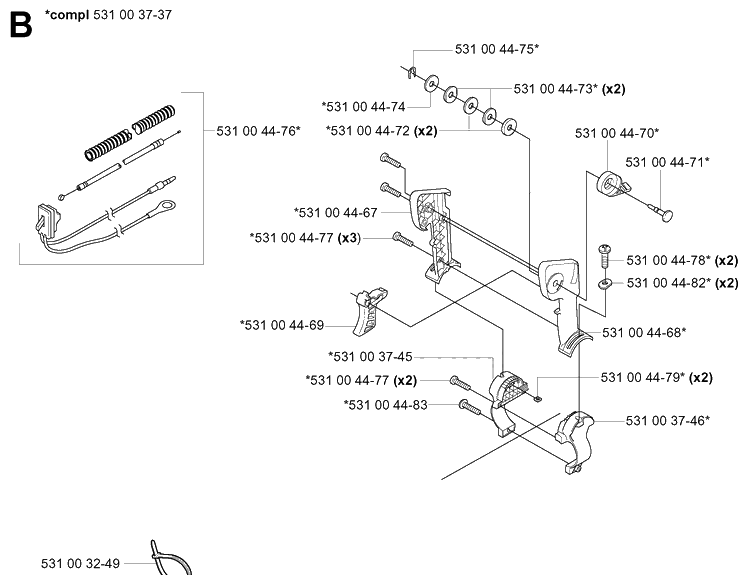 Handle And Controls Diagram and Parts List for 165BT 20053300001-Current Husqvarna Leaf Blower / Vacuum