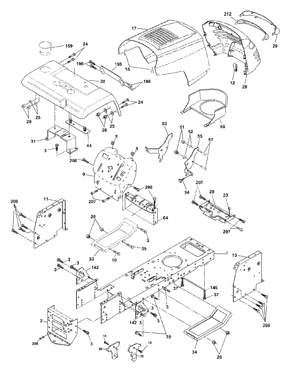 Chassis And Enclosures Diagram and Parts List for YTH2048 (954567086-A)(2001-02) Husqvarna Lawn Tractor