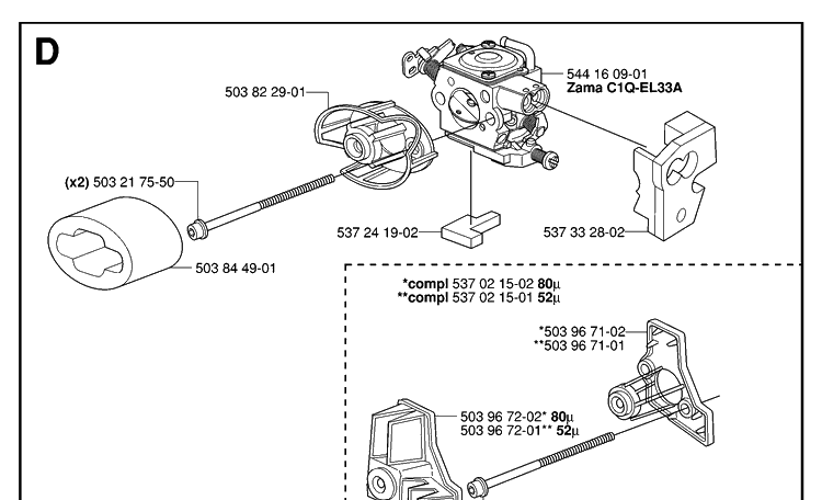 Carburetor And Air Filter Diagram and Parts List for 334T 20063600001-Current Husqvarna Chainsaw