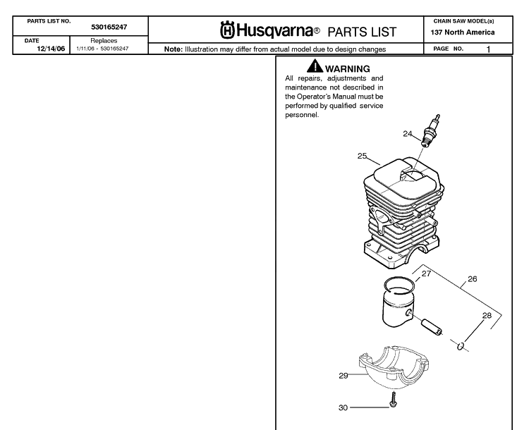 Cylinder Piston Diagram and Parts List for 137 20064900001-20070100000 Husqvarna Chainsaw