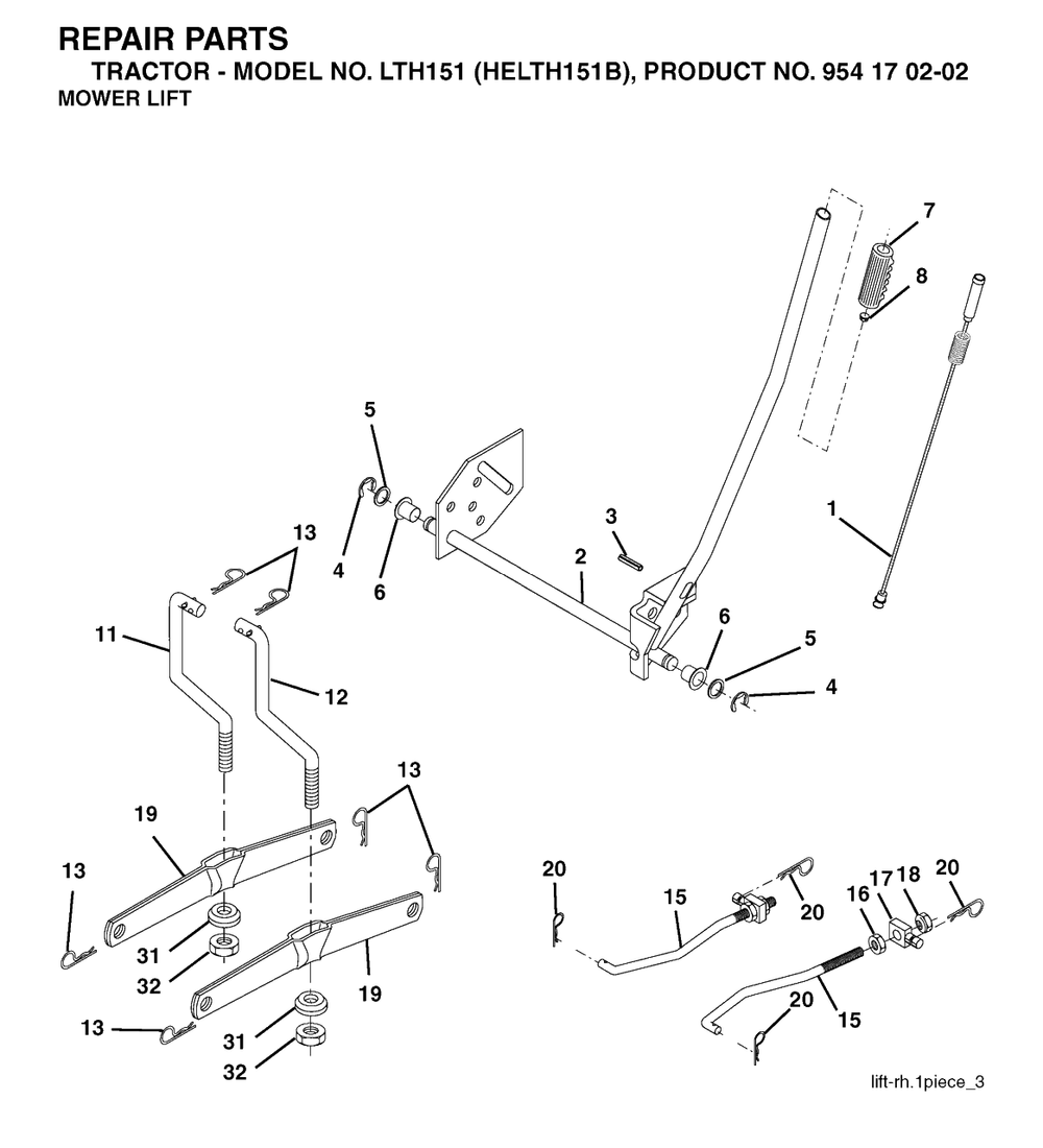 Mower Lift / Deck Lift Diagram and Parts List for LTH151 (954170202-B)(2004-06) Husqvarna Lawn Tractor