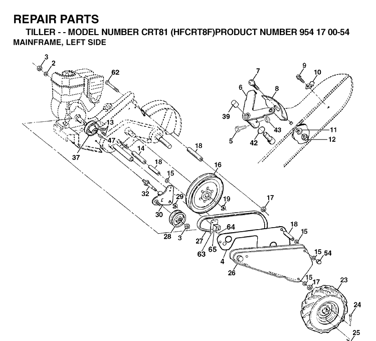 Mainframe, Left Side Diagram and Parts List for CRT81 (HFCRT8F)(2002-01) Husqvarna Cultivator