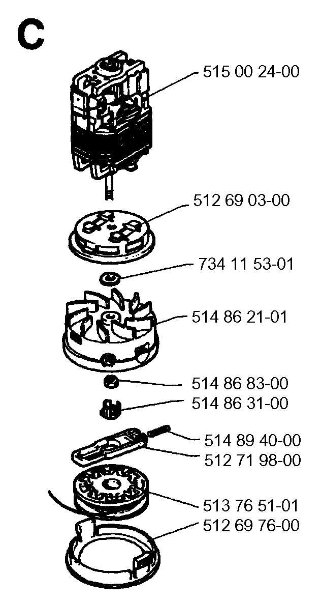 Motor Diagram and Parts List for 19961400001  Husqvarna Trimmer