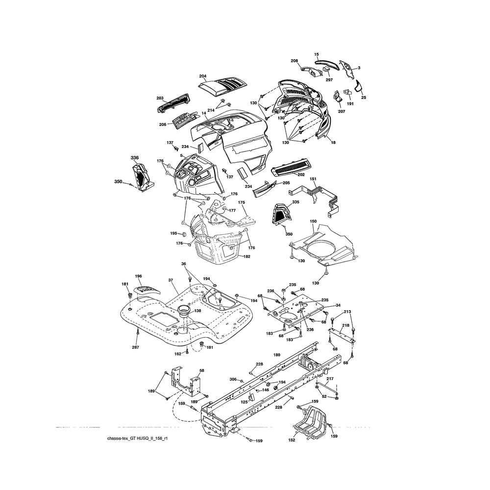 Chassis Diagram and Parts List for YTH18542-960430172  Husqvarna Lawn Tractor