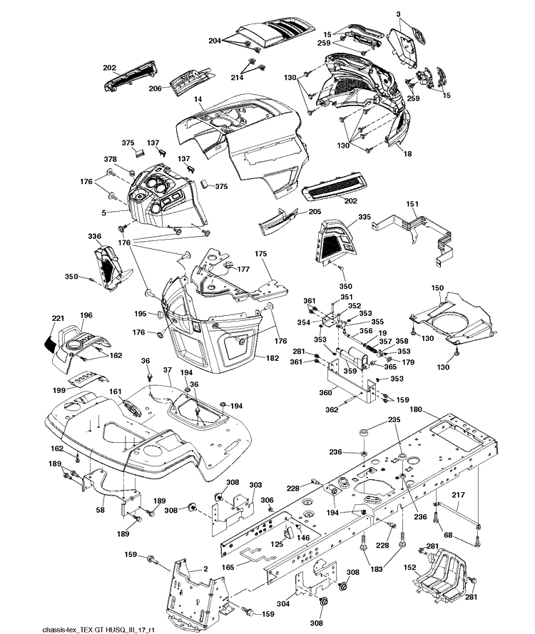 Chassis / Frame Diagram and Parts List for TS348XD (96041043700)(2019-08) Husqvarna Lawn Tractor