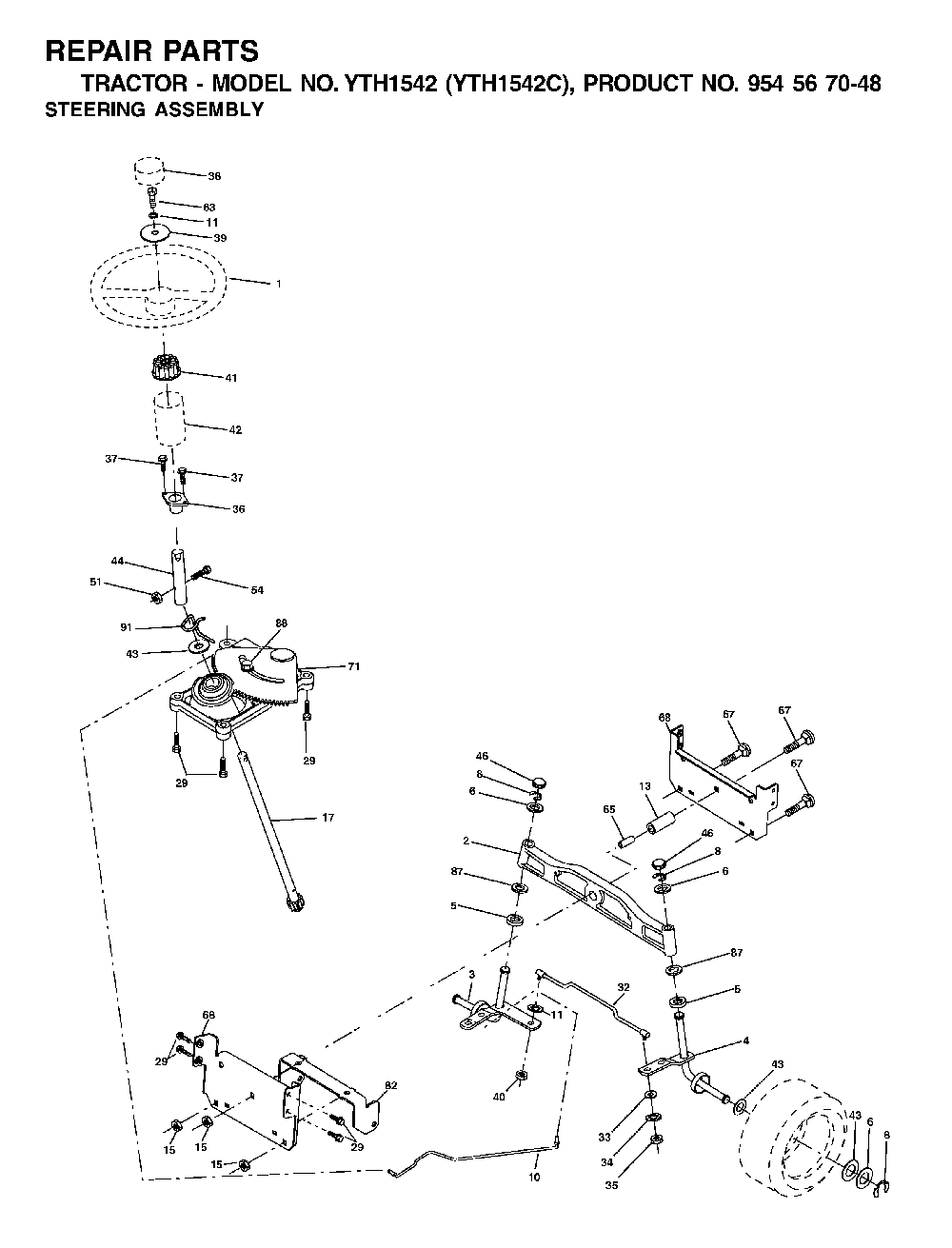 Steering Diagram and Parts List for YTH1542C (954567048)(2001-04) Husqvarna Lawn Tractor