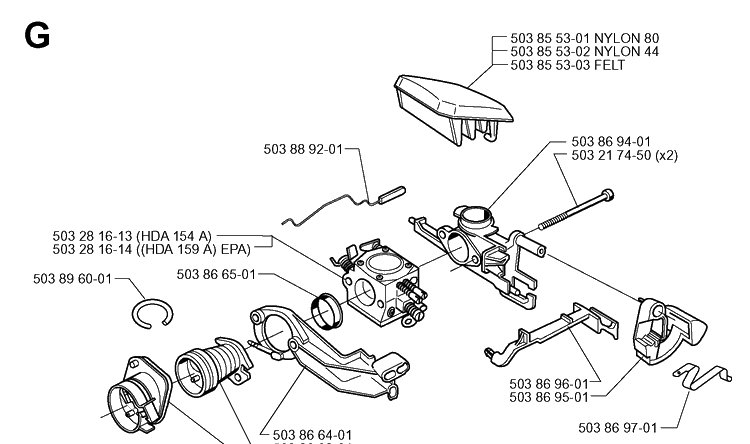 Carburetor And Air Filter Diagram and Parts List for 346XP 19991000001-20012200000 Husqvarna Chainsaw