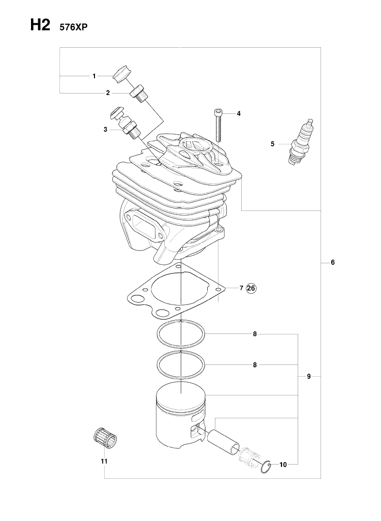Cylinder Piston Diagram and Parts List for 576XP-576XPEPA 20083100001-20100100000 Husqvarna Chainsaw