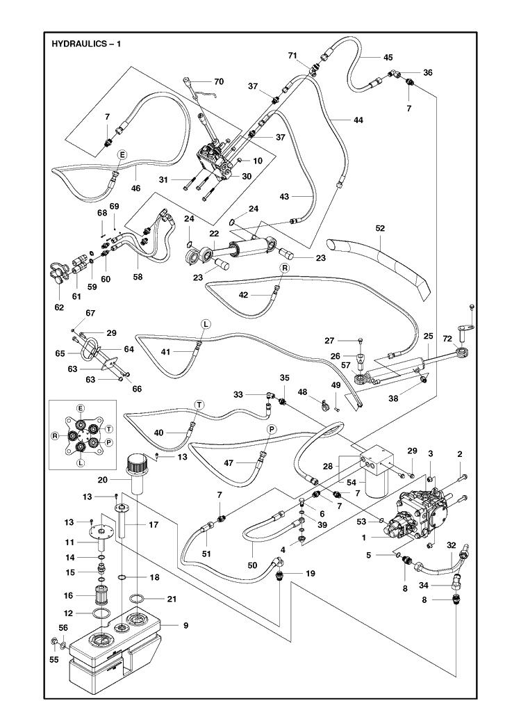 Hydraulics Diagram and Parts List for P525  Husqvarna Lawn Mower