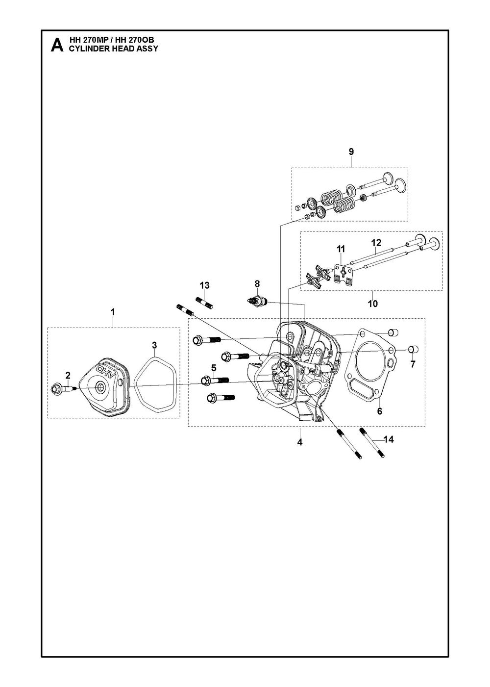 Cylinder Head Assembly Diagram and Parts List for HH270MP OB Husqvarna Engine