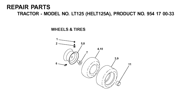 Wheels And Tires Diagram and Parts List for LT125 (HELT125A)(2001-01) Husqvarna Lawn Tractor