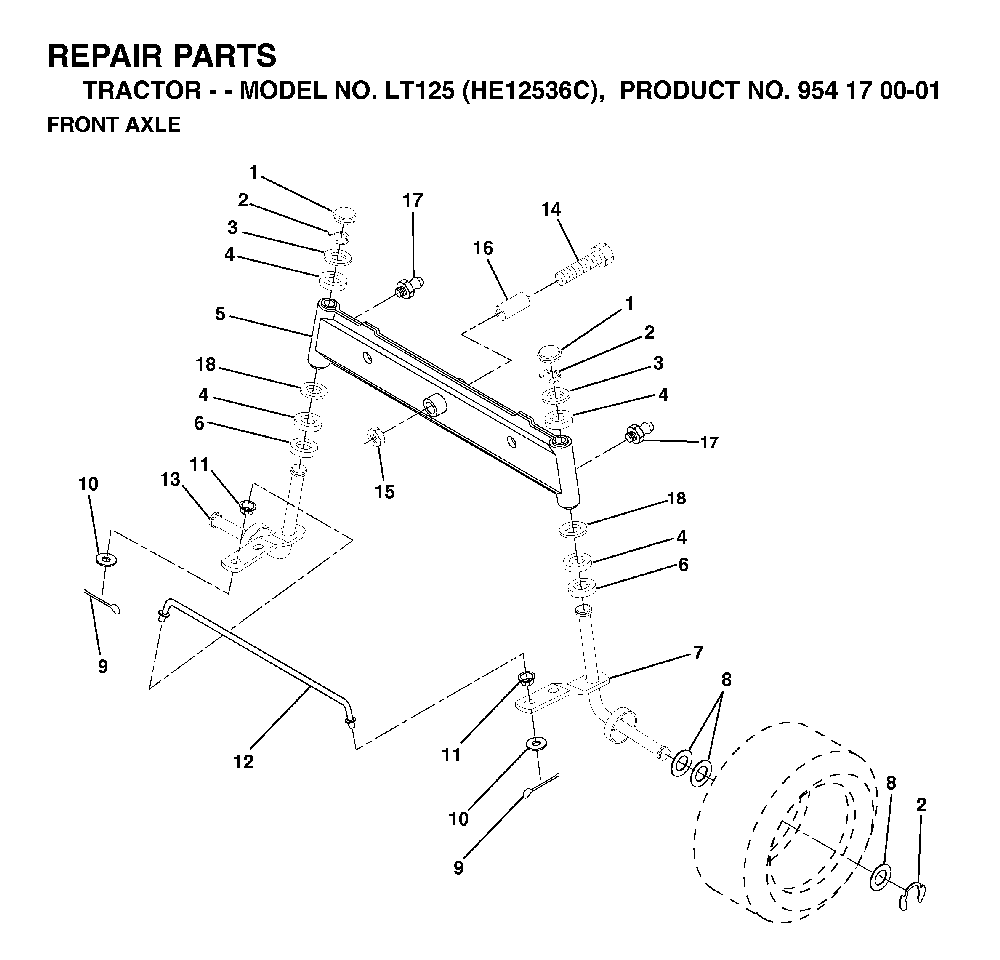 Front Axle Diagram and Parts List for LT125 (HE12536C, 954170001)(1998-03) Husqvarna Lawn Tractor