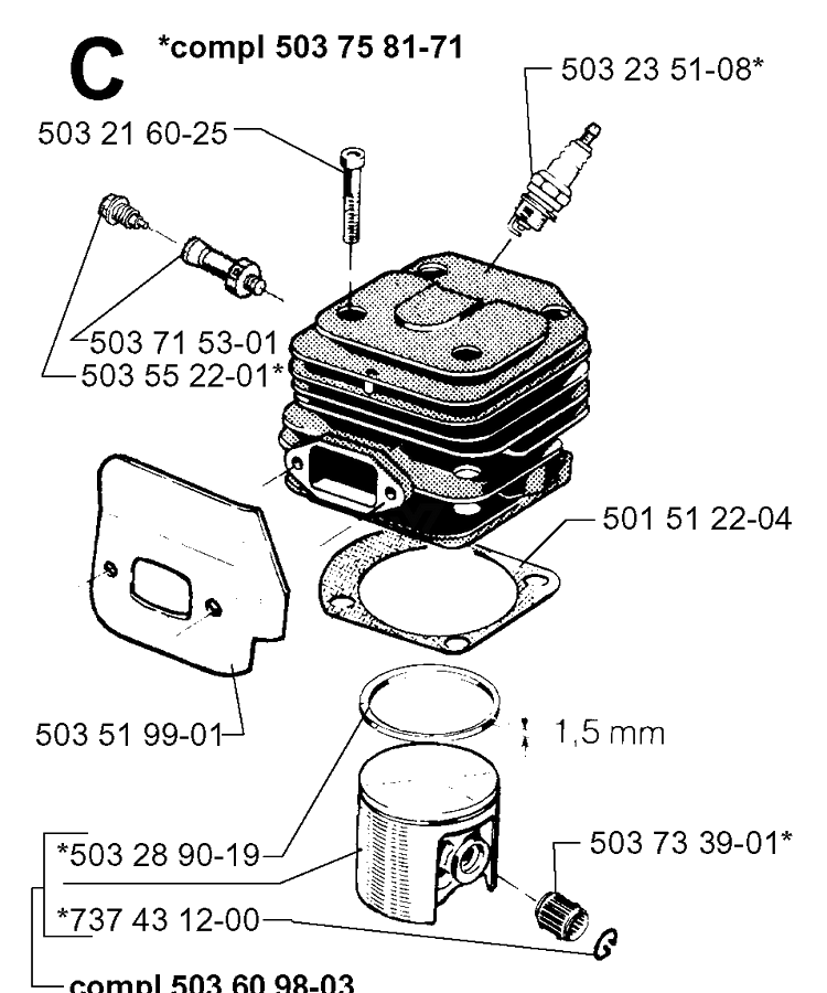 Cylinder Piston Diagram and Parts List for 272XP 19970100001-19994500000 Husqvarna Chainsaw