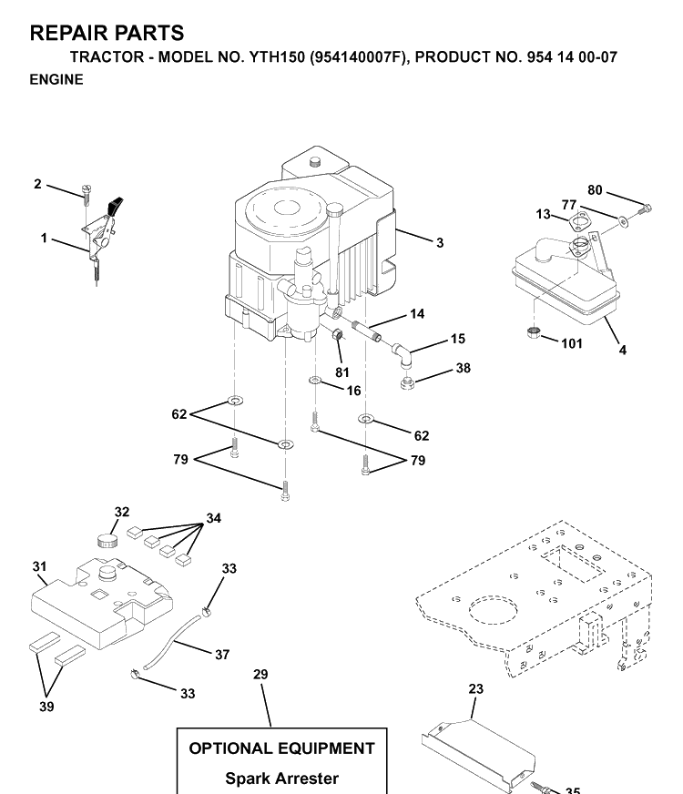 Engine Diagram and Parts List for YTH150 (954140007F)(1998-07) Husqvarna Lawn Tractor