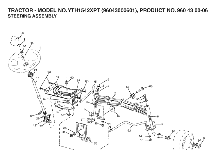 Steering Diagram and Parts List for YTH1542XP (96043000601)(2006-03) Husqvarna Lawn Tractor