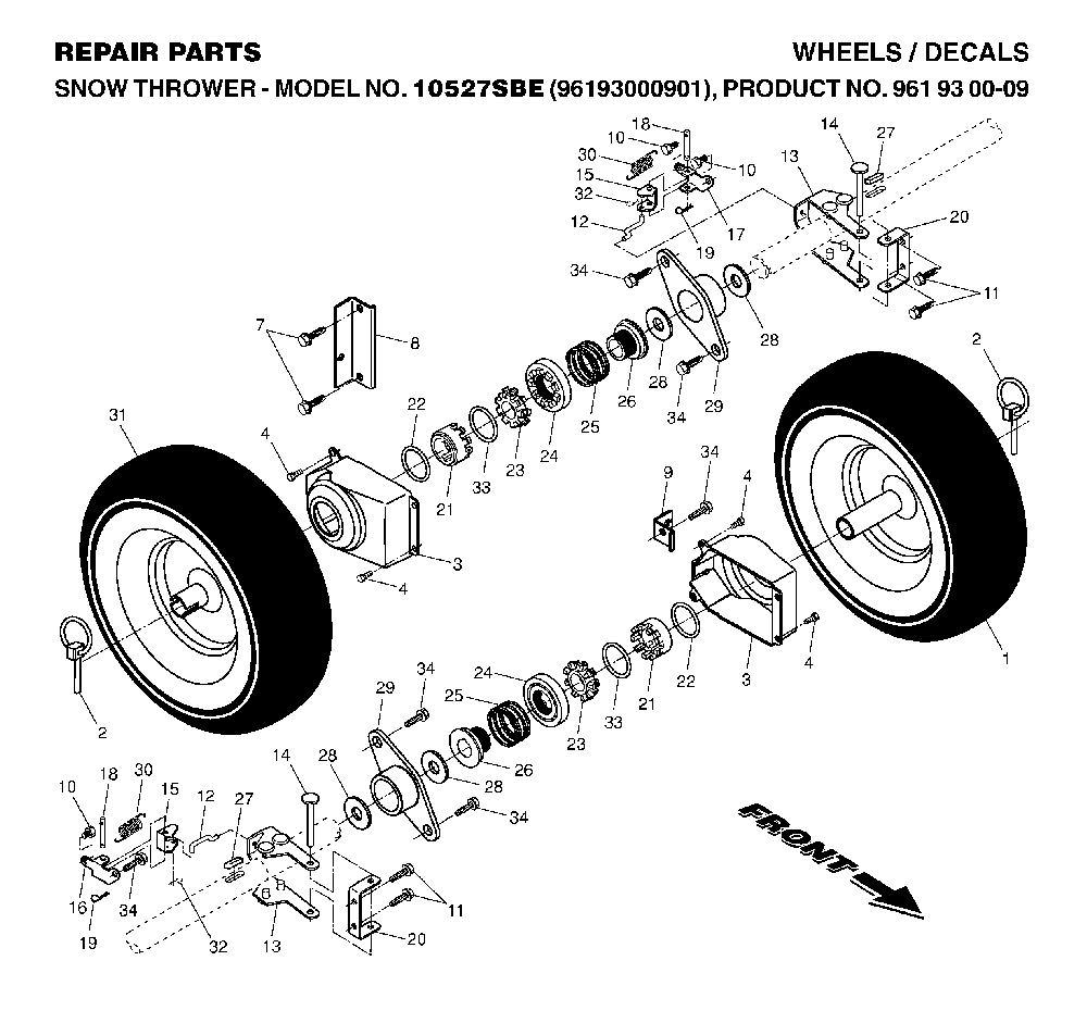 Wheels And Tires Diagram and Parts List for 10527SBE (96193000901, 961930009)(2006-05) Husqvarna Snow Blower