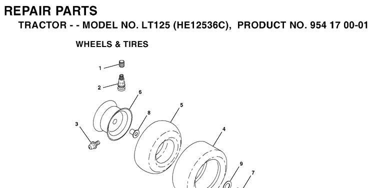 Wheels And Tires Diagram and Parts List for LT125 (HE12536C)(1996-01) Husqvarna Lawn Tractor
