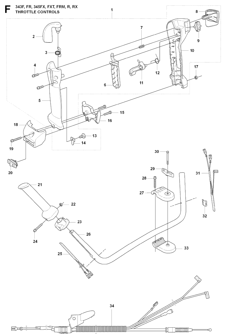 Throttle Controls Diagram and Parts List for 345FXT 20081800001-20103600000 Husqvarna Brush Cutter