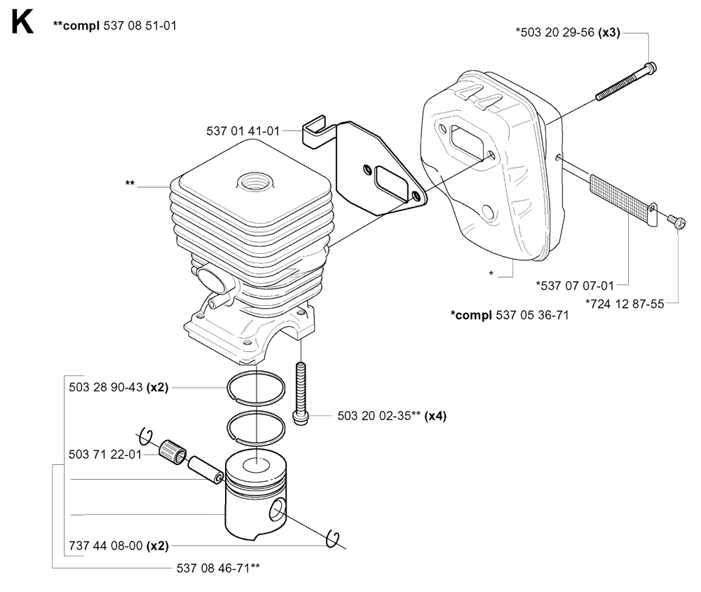 Cylinder, Piston And Muffler Diagram and Parts List for 326HE4X 20013500001 - 20033100000 Husqvarna Hedge Trimmer