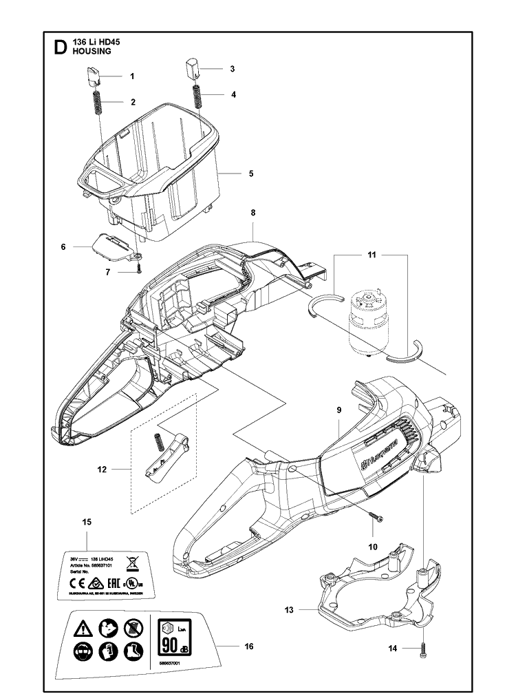 Housing Diagram and Parts List for 136LIHD45 (967193701)(20150900001-Current) Husqvarna Hedge Trimmer