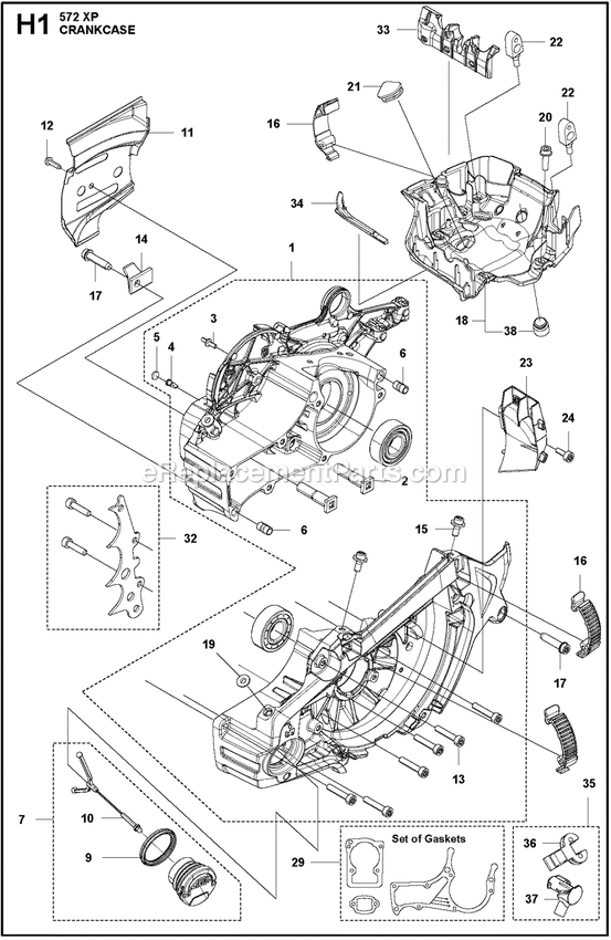 Crankcase Diagram and Parts List for 572XPG  Husqvarna Chainsaw