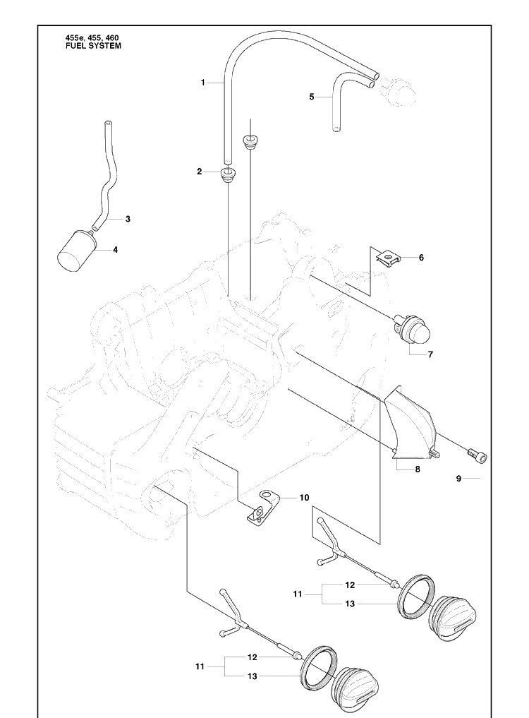 Fuel System Diagram and Parts List for 455E 2009-10 Husqvarna Chainsaw
