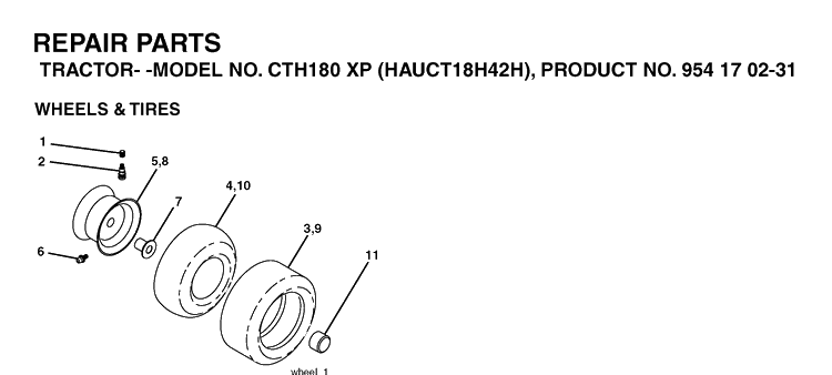 Wheels And Tires Diagram and Parts List for CTH180XP (HAUCT18H42H)(2005-05) Husqvarna Lawn Tractor
