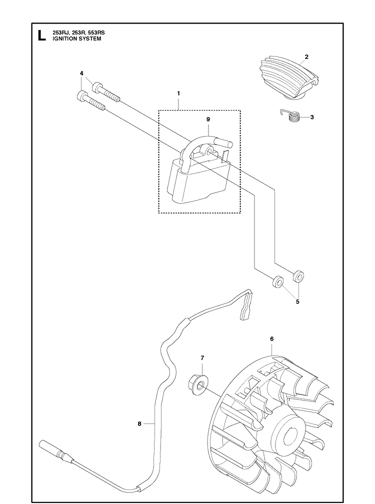 Ignition System Diagram and Parts List for 553RS  Husqvarna Brush Cutter