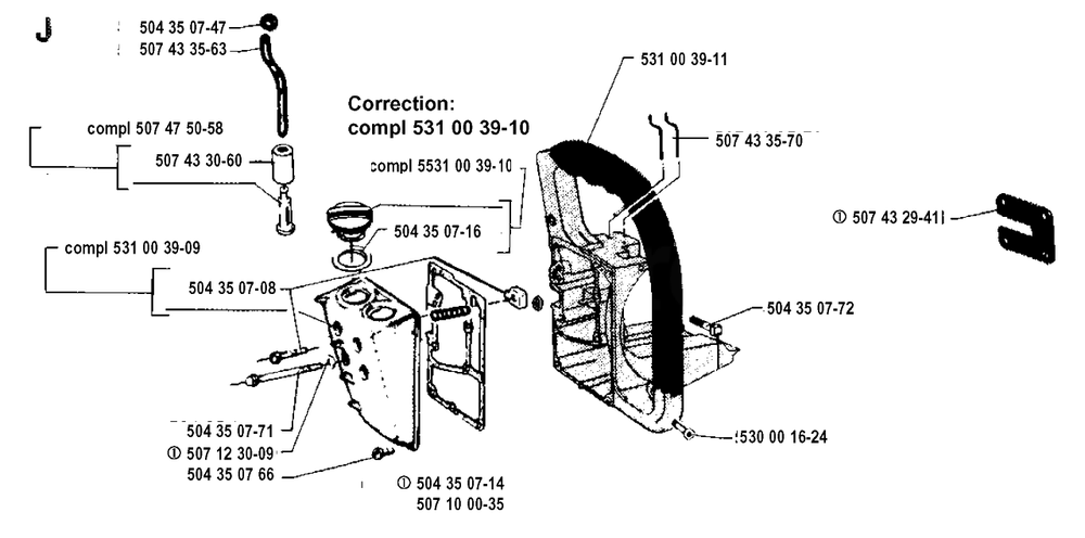 Fuel Tank And Handle Diagram and Parts List for 35 19902200001 & Above Husqvarna Chainsaw