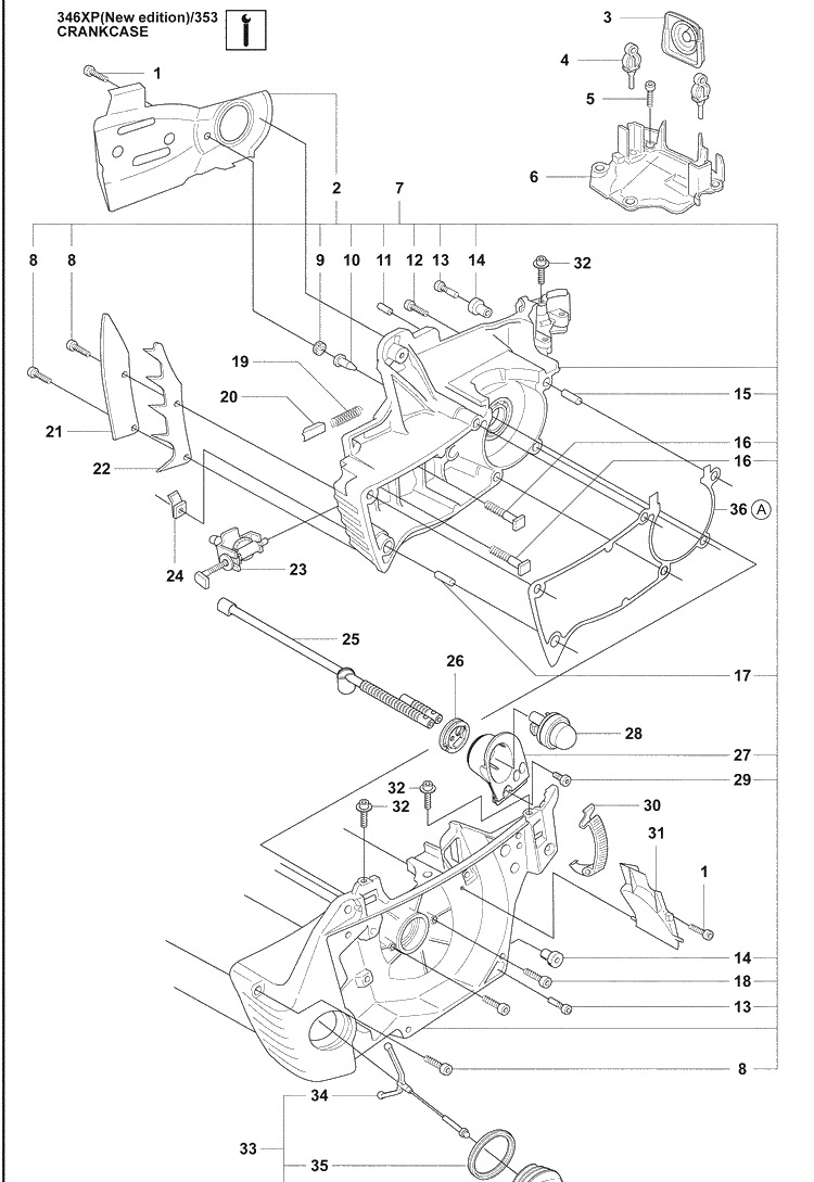 Crankcase (Ne) 2 Diagram and Parts List for 353 2009-02 Husqvarna Chainsaw