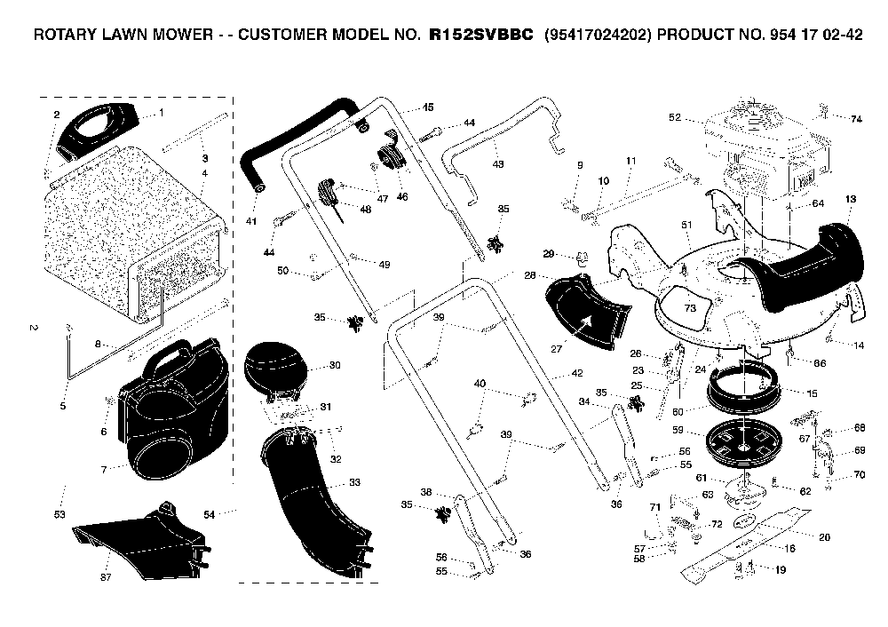 Frame And Engine Diagram and Parts List for R152SVBBC (95417024202, 954170242)(2005-04) Husqvarna Lawn Mower