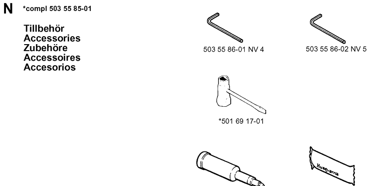 Accessories Diagram and Parts List for 254 19980900001-19992300000 Husqvarna Chainsaw