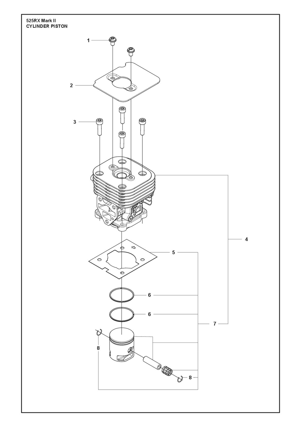 Cylinder Piston Diagram and Parts List for 525RXMARKII  Husqvarna Brush Cutter