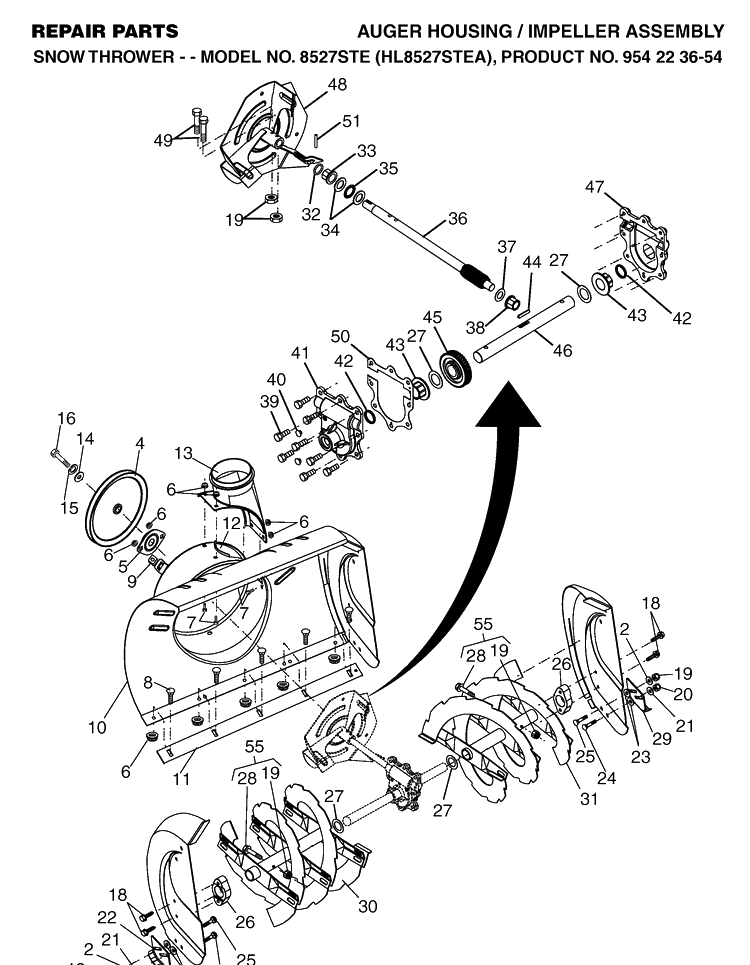Auger Housing And Impeller Diagram and Parts List for 8527STE (HL8527STEA)(2004-03) Husqvarna Snow Blower