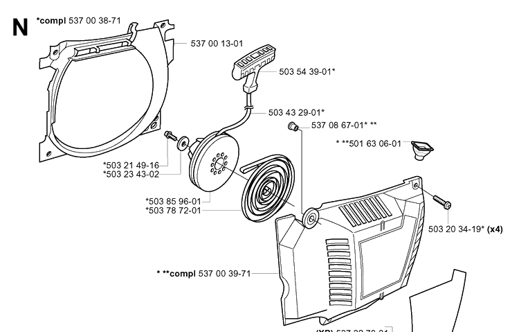 Starter Diagram and Parts List for 385XP 20051000001-20064000000 Husqvarna Chainsaw