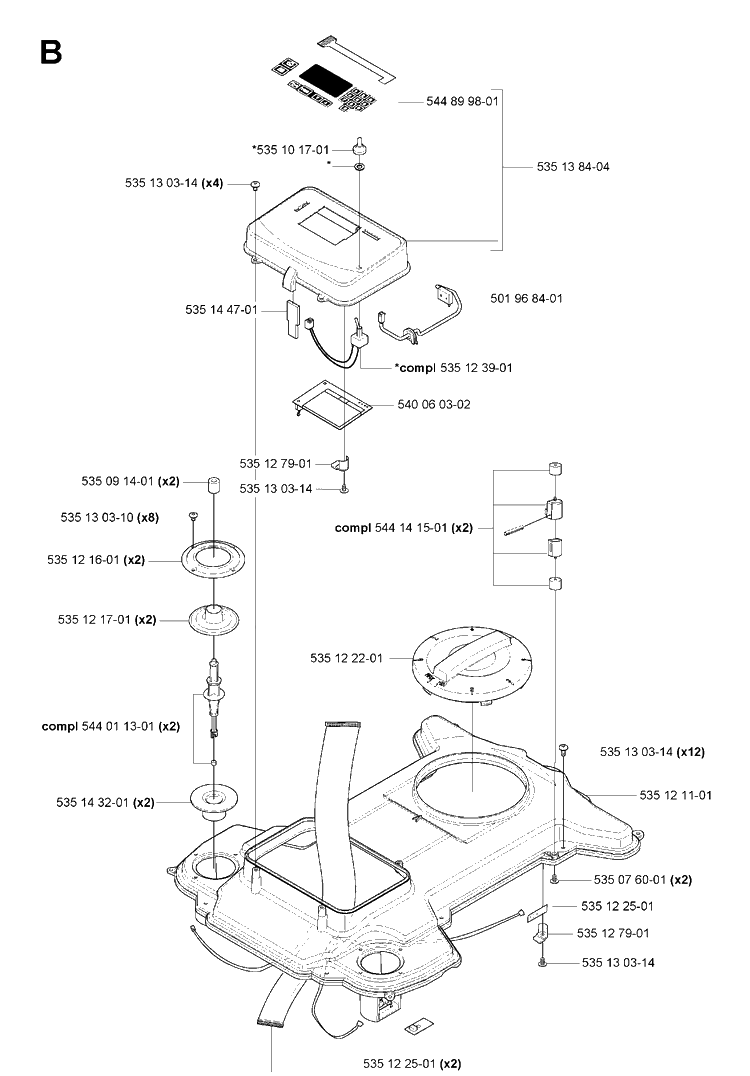 Chassis Upper Diagram and Parts List for 230ACX 2007-05 Husqvarna Lawn Mower