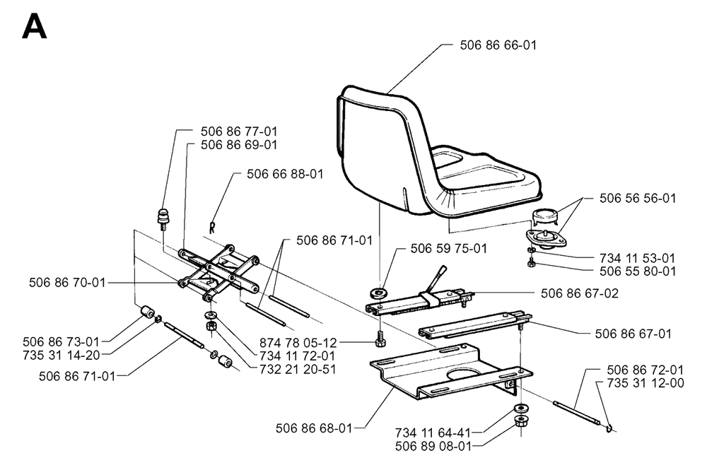 Seat Diagram and Parts List for R1030 1997-05 Husqvarna Lawn Tractor