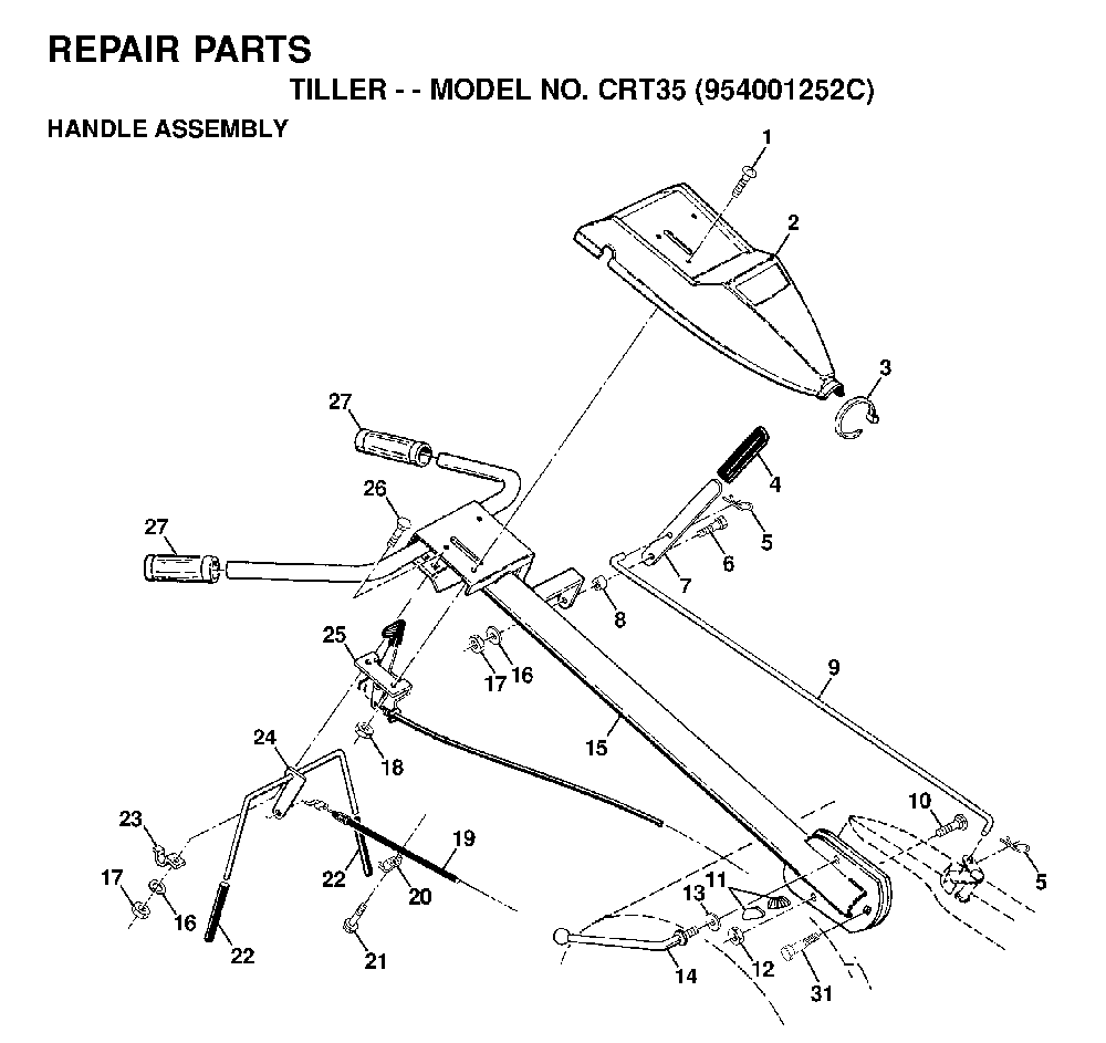 Handle And Controls Diagram and Parts List for CRT35 (954001252C)(1995-10) Husqvarna Tiller