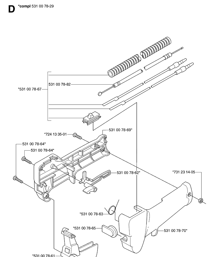 Handle And Controls Diagram and Parts List for 143R 20070100001-Current Husqvarna Brush Cutter