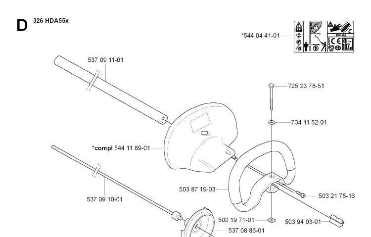 Shaft And Handle Diagram and Parts List for 326HDA55 (X-SERIES)(20054000001-20090900000) Husqvarna Hedge Trimmer