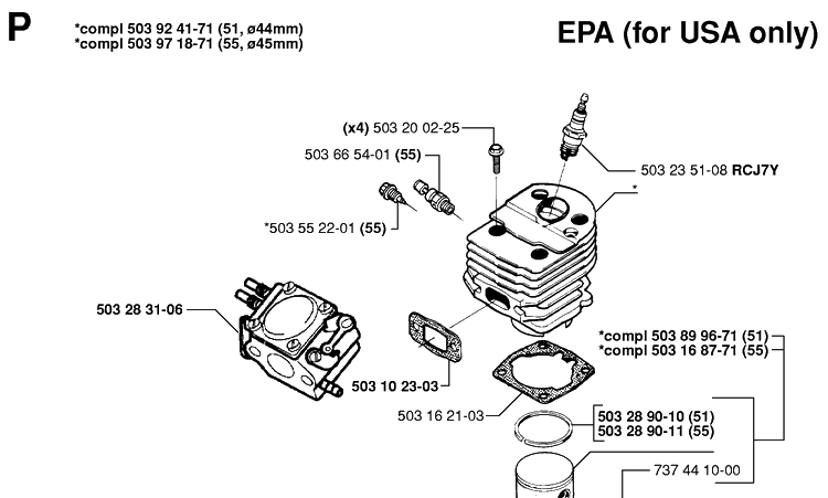 Cylinder Piston Diagram and Parts List for 55 19982300001-20001900000 Husqvarna Chainsaw
