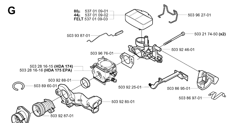 Carburetor And Air Filter Diagram and Parts List for 359 20014000001-20041800000 Husqvarna Chainsaw