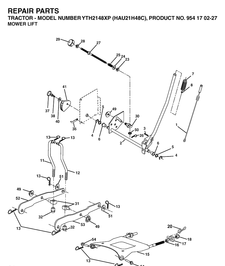 Mower Lift / Deck Lift Diagram and Parts List for YTH2148XP (HAU21H48C)(2005-05) Husqvarna Lawn Tractor