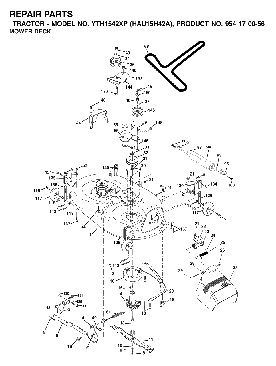 Mower Deck / Cutting Deck Diagram and Parts List for YTH1542XP (954170056-A)(2003-01) Husqvarna Lawn Tractor
